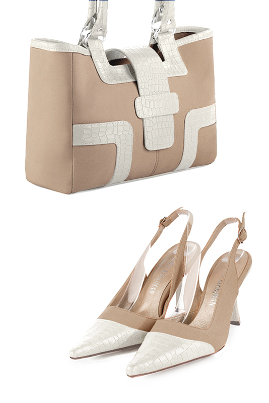 Dress handbag in tan beige and off white leather - Top view